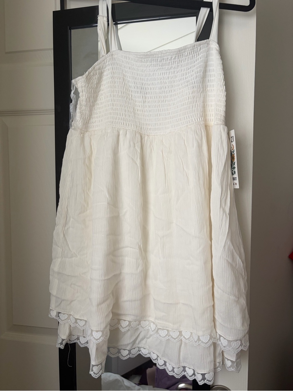 Forever 21 Off-White Smocked Mini Dress with Lace Trim